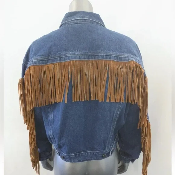 Womens Jean Denim Suede Fringe Western Cowgirl Rodeo Jacket Large Rock n Roll - Picture 16 of 16